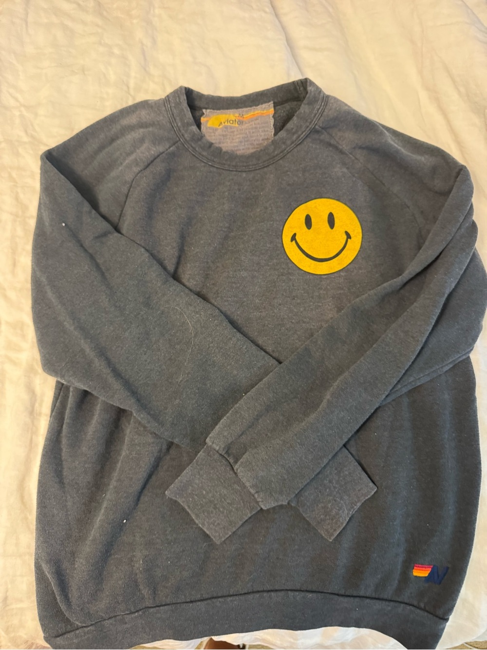 Aviator Nation Gray Crewneck with Yellow Smiley Patch
